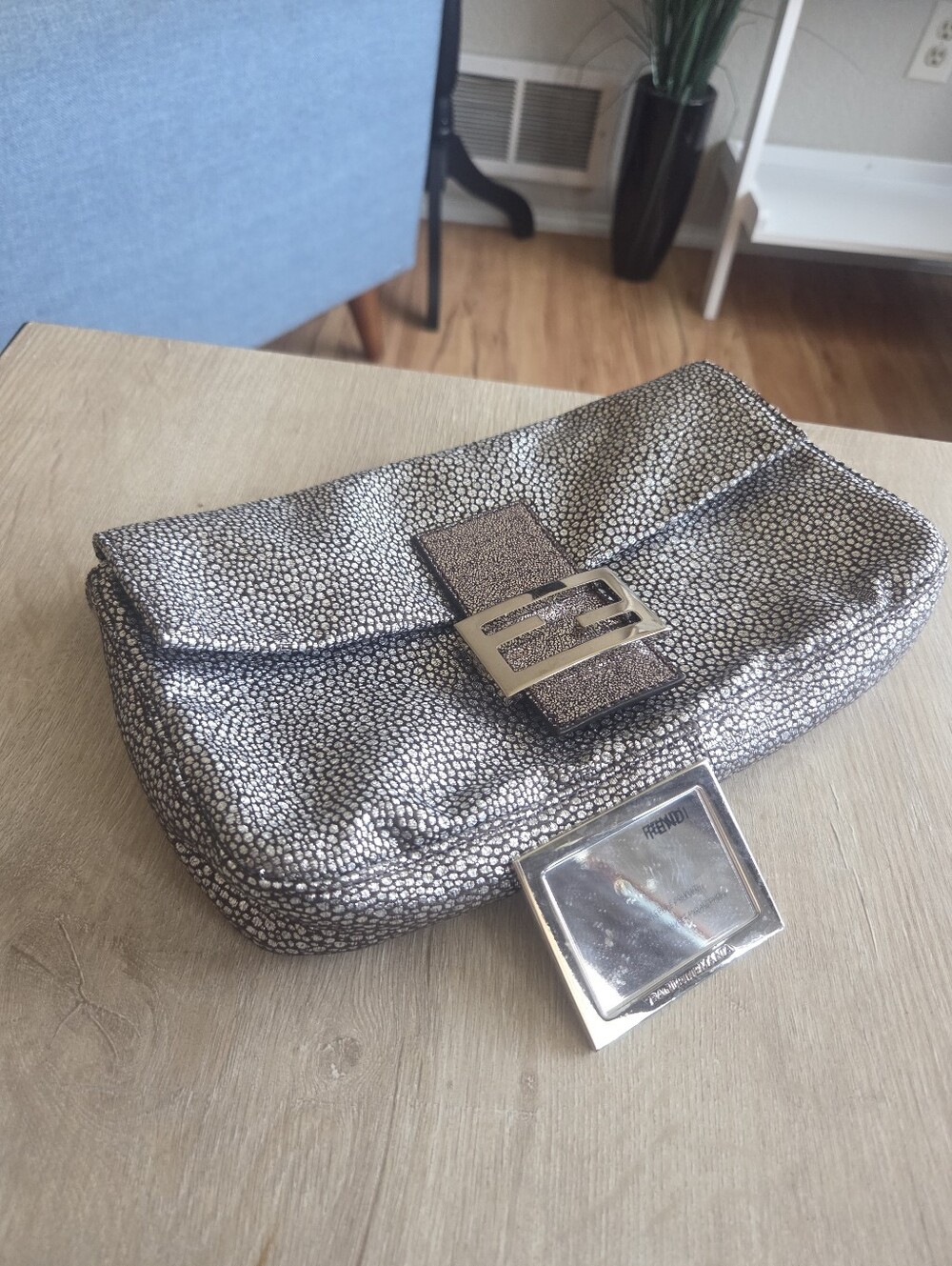 Authentic Vintage Fendi Metallic Crystal Baguette Clutch + Fendi Mirror Bundle